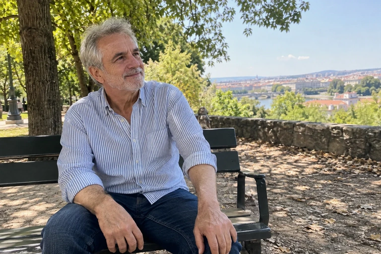 Une personne aux cheveux gris est assise sur un banc avec dossier