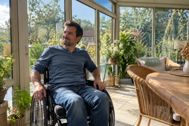 Un homme en fauteuil roulant prend une pause dans une véranda accessible