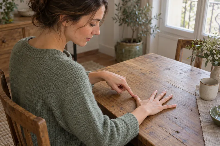Une femme suit avec son index le bord des doigts écartés de son autre main posée sur une table
