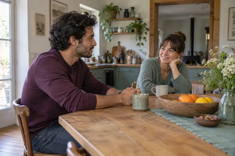 Deux adultes discutent assis à une table