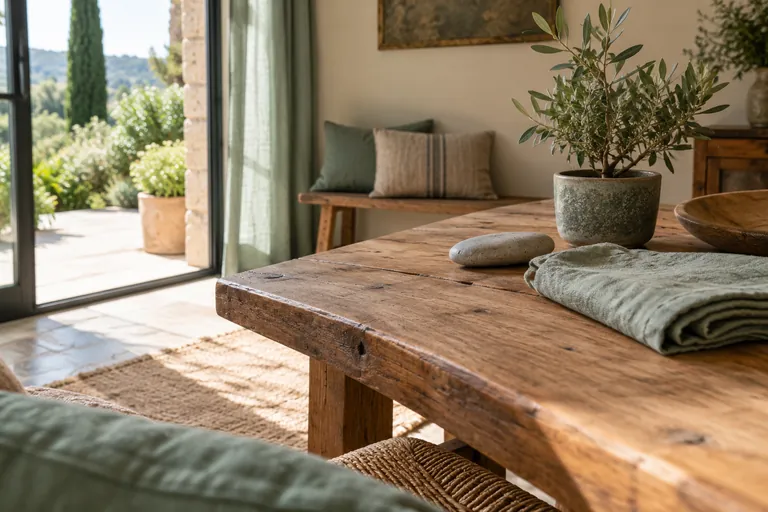 Un galet lisse et un tissu plié reposent sur une table