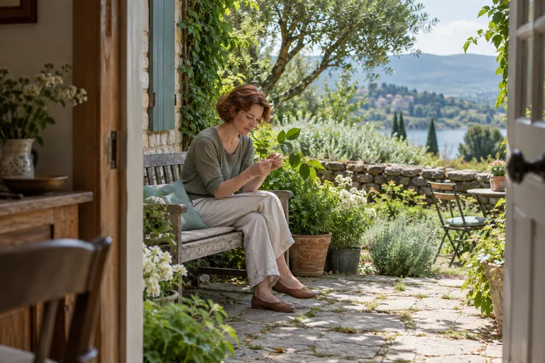 Une femme observe une feuille assise sur un banc