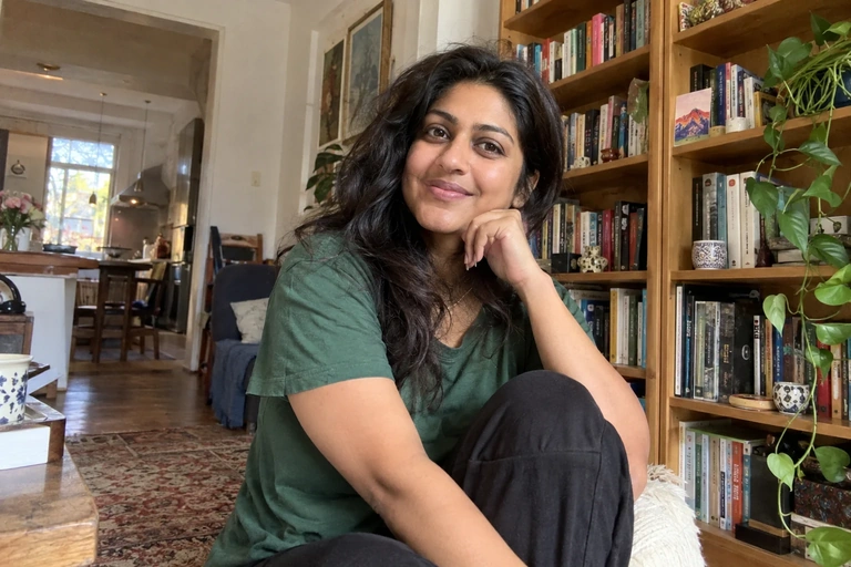 Une femme est assise confortablement près d’une bibliothèque