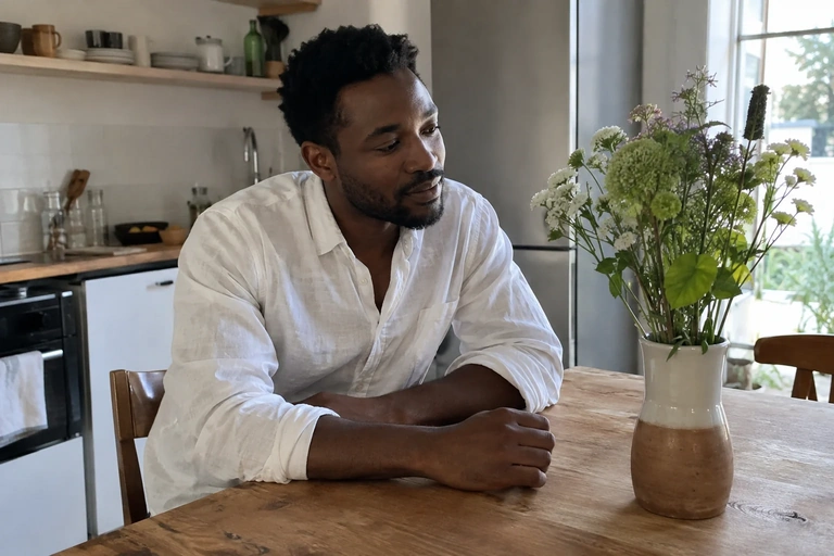 Une personne regarde un vase sur une table de cuisine, les mains au repos