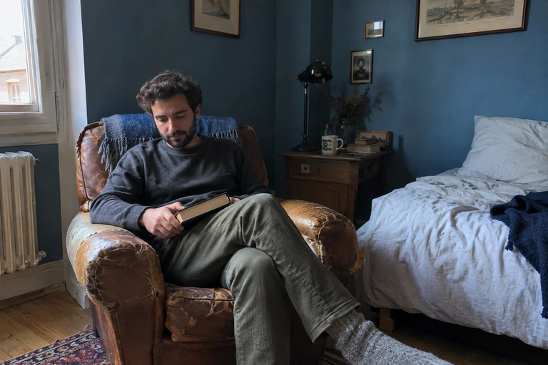 Un homme est installé dans un fauteuil, un livre fermé sur les genoux