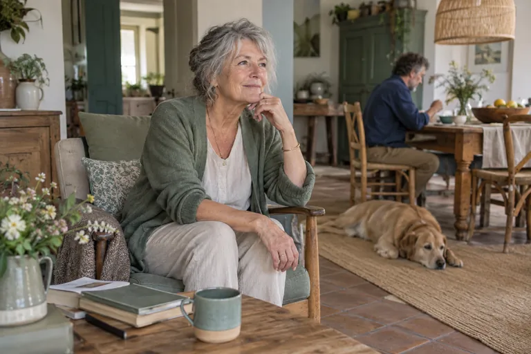 Une femme aux cheveux gris se repose dans un fauteuil