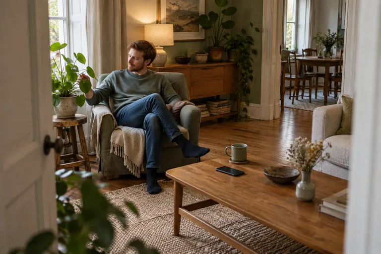 Un homme assis dans un fauteuil regarde une plante