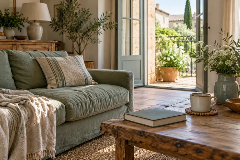 Un canapé vide près d’une table avec un livre fermé