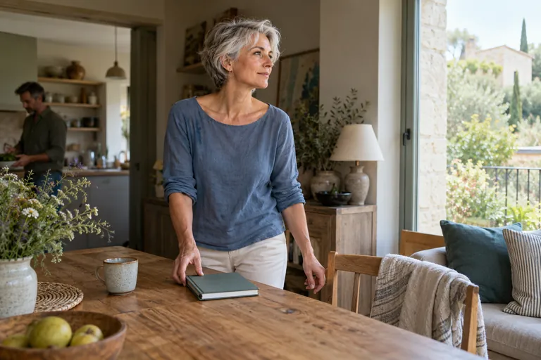 Une femme debout près d’une table regarde vers la fenêtre