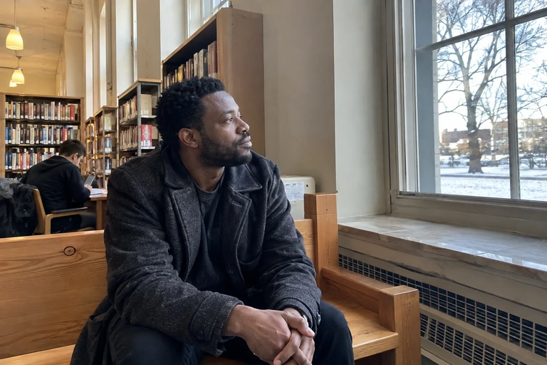 Un homme assis dans une bibliothèque regarde vers la fenêtre