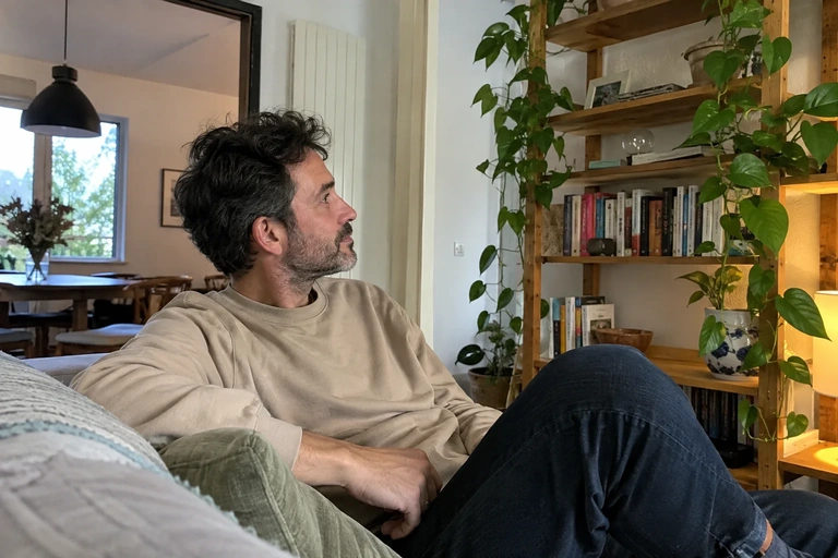 Un homme assis dans un salon regarde une étagère de côté