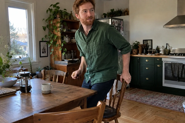 Une personne se lève après une pause assise dans une cuisine