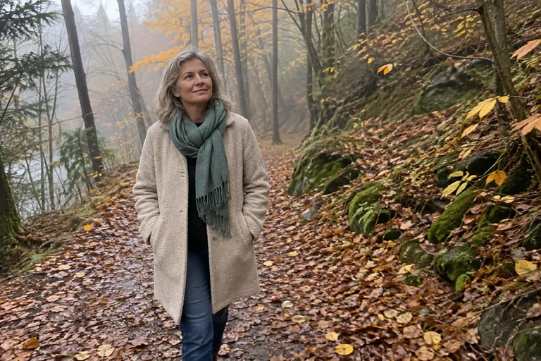 Une femme marche lentement sur un sentier forestier en automne, les mains dans les poches de son manteau