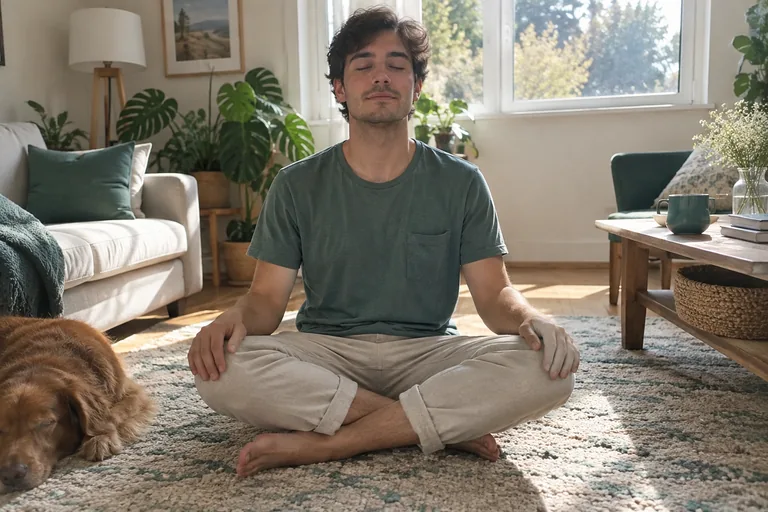 Un homme assis en tailleur sur un tapis respire calmement par le nez, les mains sur les genoux