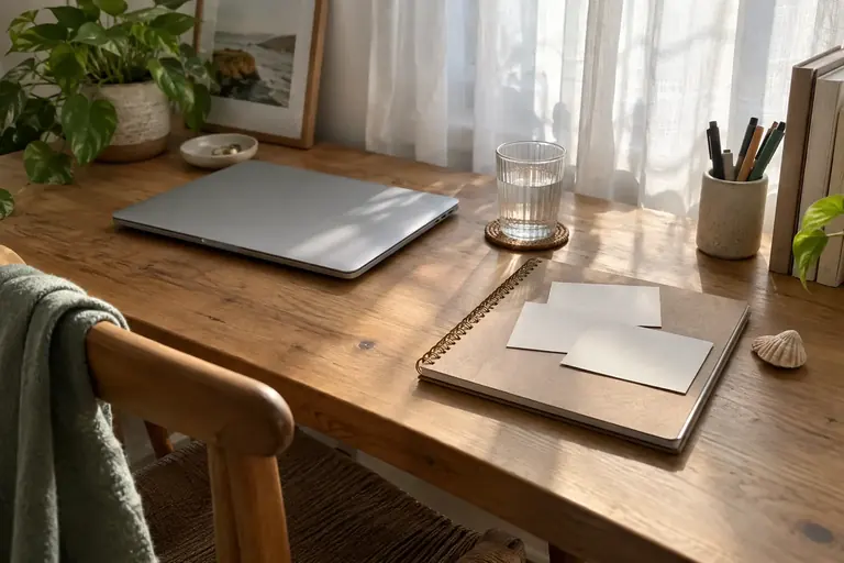 Un bureau simple avec ordinateur fermé, carnet, trois cartes et un verre d’eau, près d’un petit souvenir de vacances