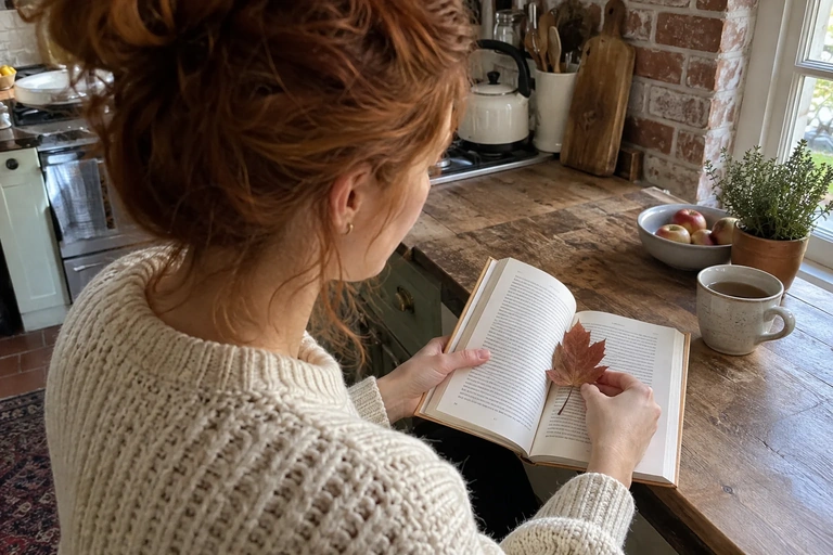 Une lectrice utilise une feuille comme marque-page dans un livre