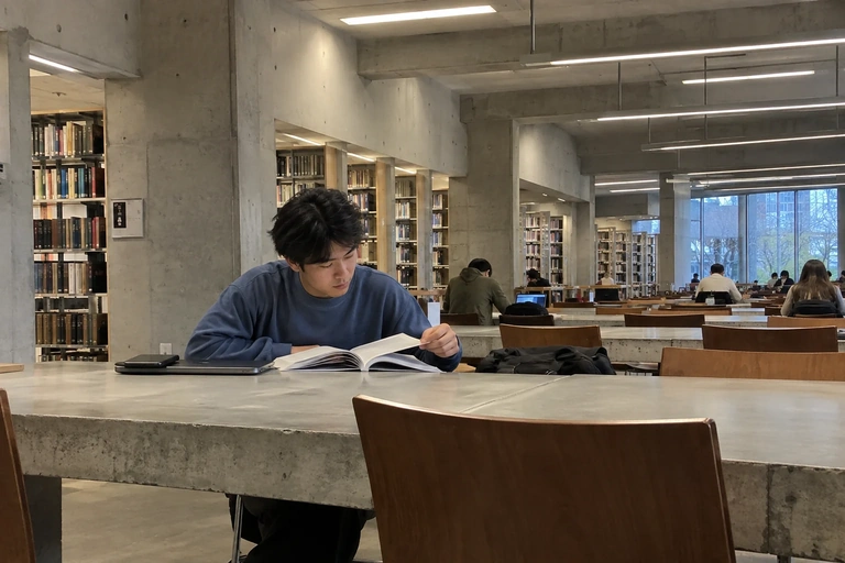 Un lecteur est installé à une table de bibliothèque universitaire