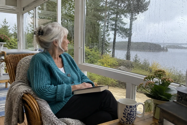 Une femme regarde dehors avec un livre fermé sur les genoux
