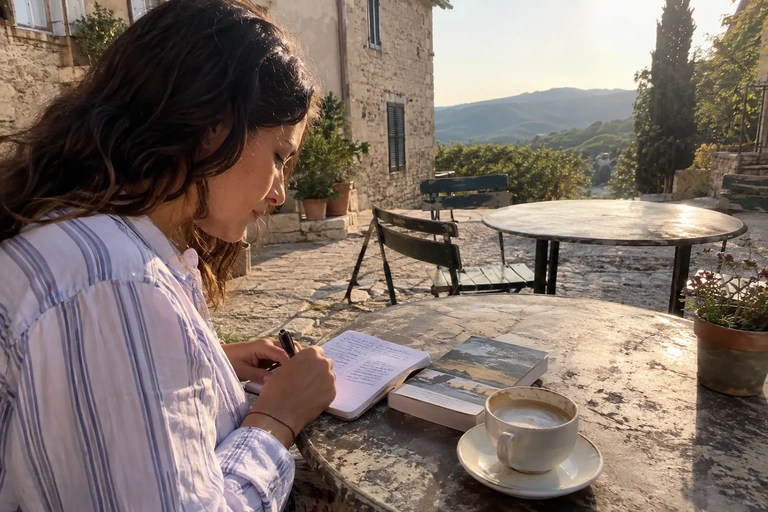 Une personne écrit un bref résumé dans un carnet près d’un livre