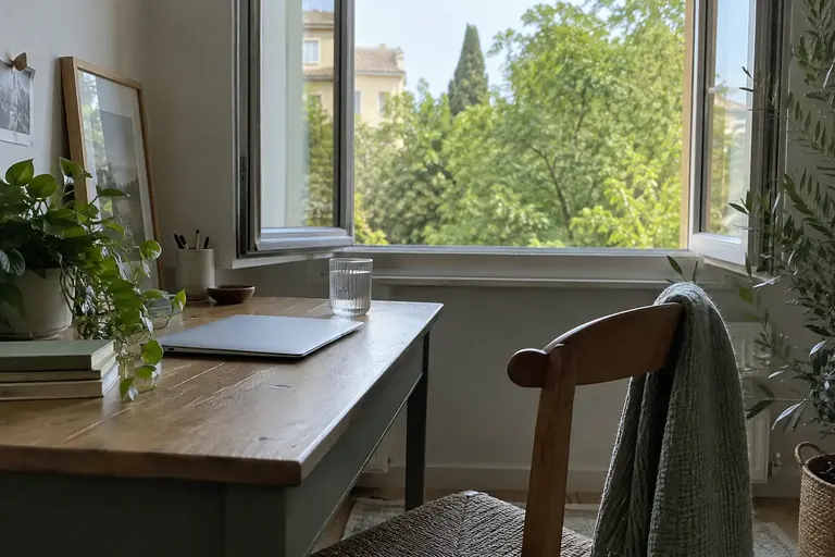 Un ordinateur fermé sur un bureau près d’une fenêtre, avec une chaise légèrement reculée et un verre d’eau