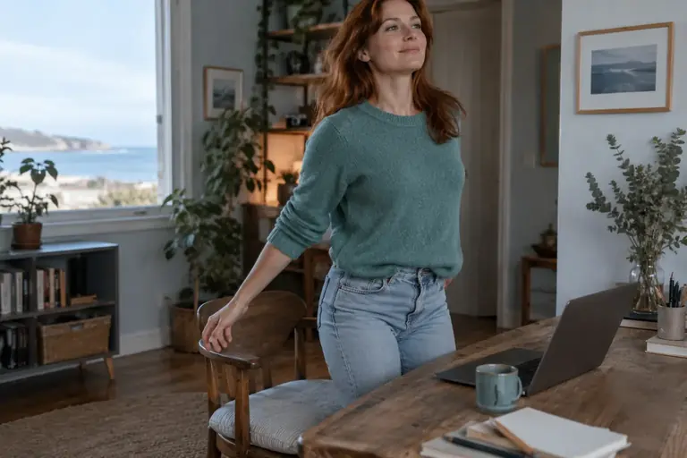 Une femme se lève de son bureau entre deux appels vidéo