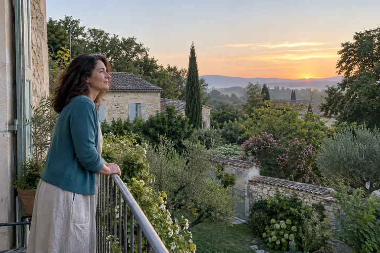 Une femme observe un jardin depuis son balcon à l’aube