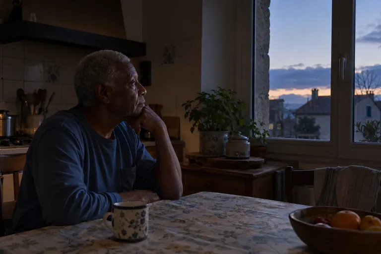 Un homme âgé est assis dans une cuisine avant le lever du jour