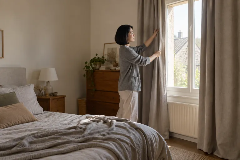 Une femme ajuste un rideau dans une chambre