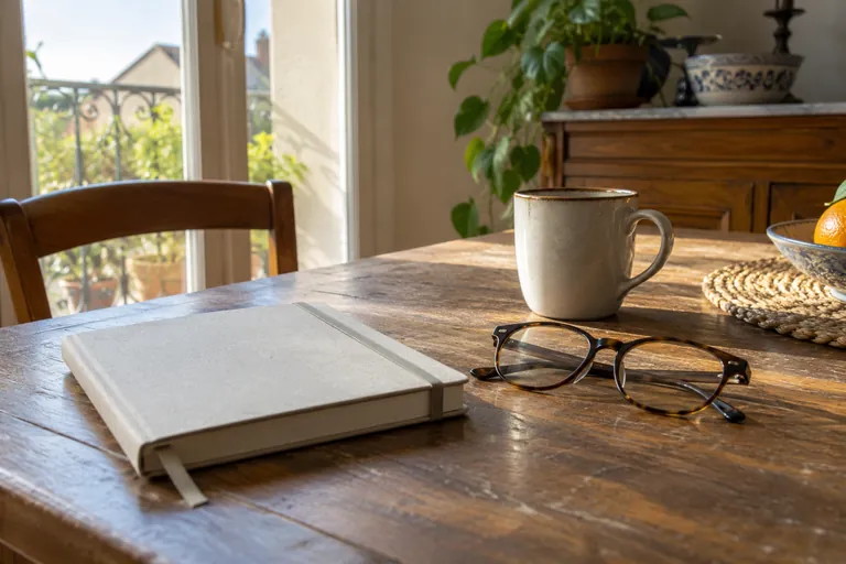 Un carnet fermé, des lunettes et une tasse sont posés sur une table
