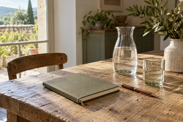 Un carnet fermé, un stylo, une carafe et un verre reposent sur une table