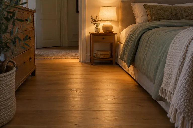 Une lampe de chevet éclaire un passage dégagé près du lit