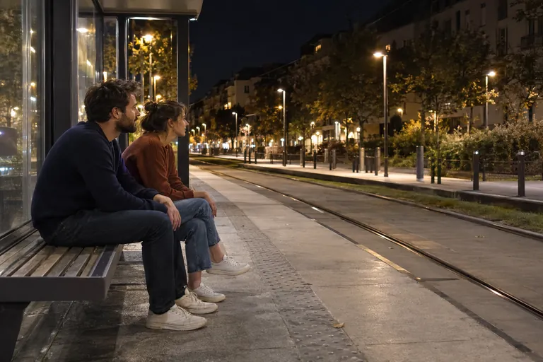 Deux adultes attendent assis à un arrêt de tramway la nuit.