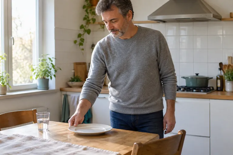 Un homme pose une assiette sur une table de cuisine.