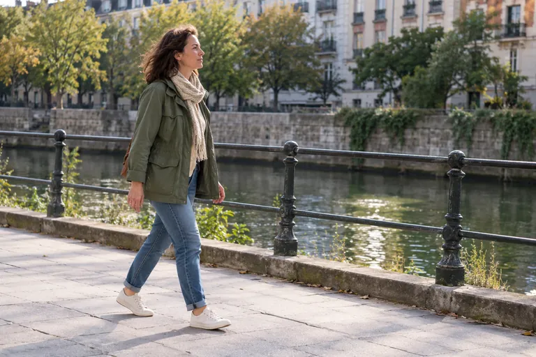 Une femme marche le long d’une rivière en journée.