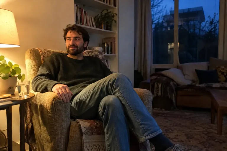 Un homme s’installe dans un fauteuil au crépuscule pour marquer une pause du soir