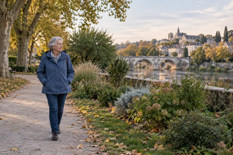 Une femme aux cheveux gris marche dans un parc