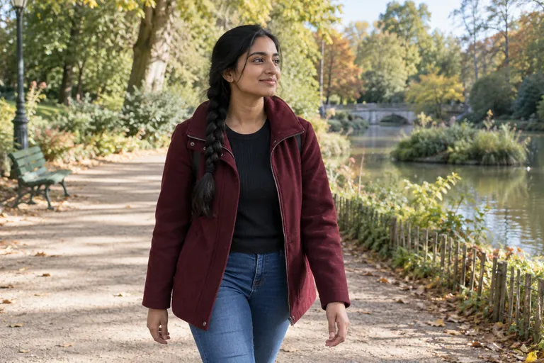 Une femme marche sur un chemin arboré
