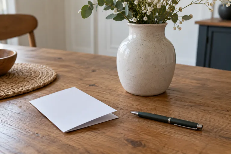 Une feuille pliée et un stylo reposent près d’un vase