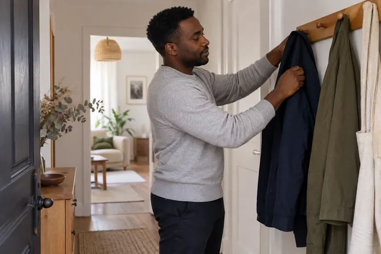 Un homme accroche une veste dans son entrée