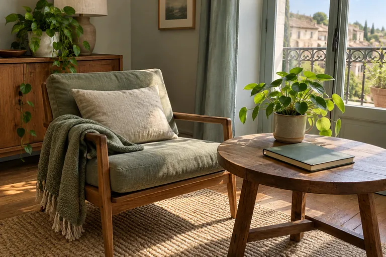 Un fauteuil vide près d’une table avec une plante et un livre