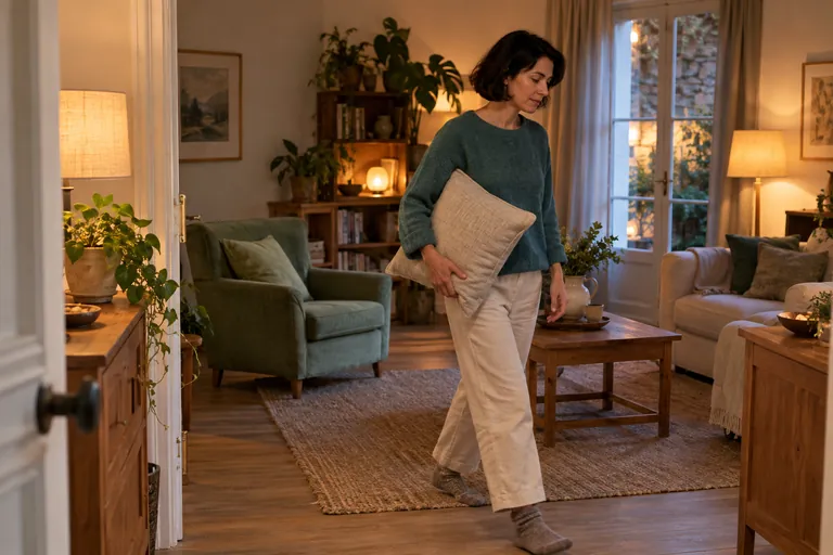 Une femme quitte un salon avec un coussin dans les bras
