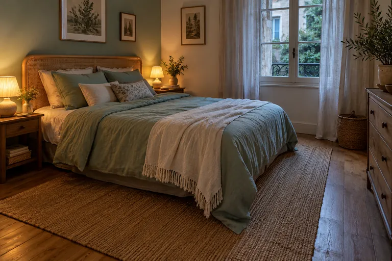 Une chambre vide avec un lit préparé et un passage libre sur le côté