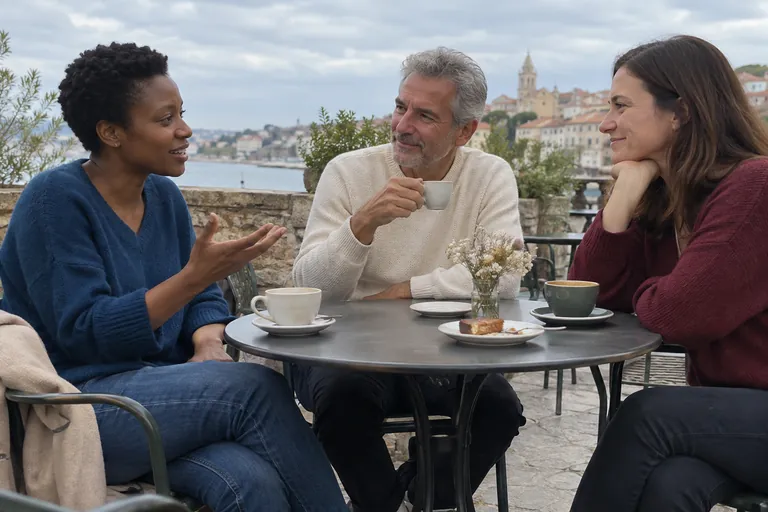 Trois adultes discutent autour de tasses sur une terrasse au bord de l’eau.