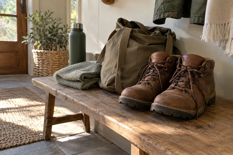 Des chaussures montantes, un sac en tissu, du linge plié et une gourde reposent sur un banc.
