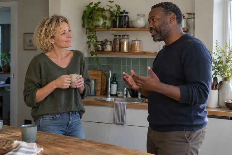 Deux adultes discutent dans une cuisine, une femme tenant une tasse.