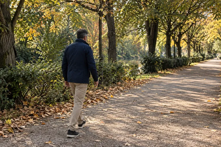 Un homme vu de dos marche sur une allée bordée d’arbres.