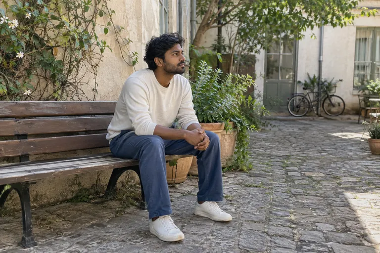 Un homme est assis sur un banc dans une cour pavée.