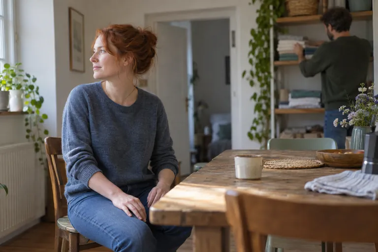 Une femme est assise à une table tandis qu’un homme range du linge derrière elle.