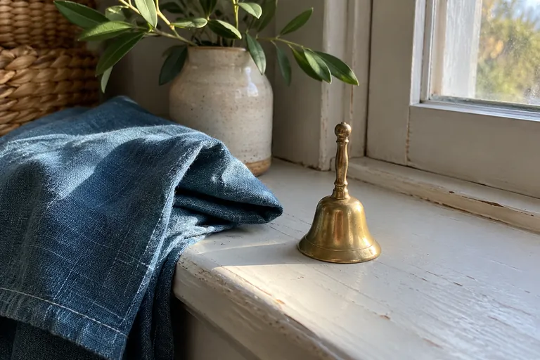 Une petite cloche en métal repose près d’un tissu bleu sur un rebord de fenêtre.