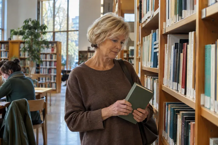 Une femme tient un livre fermé devant les rayonnages d’une bibliothèque.